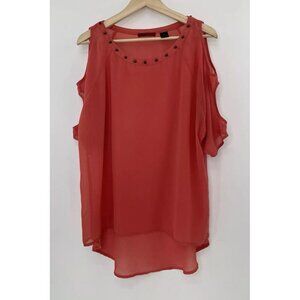 Buckle BKE Women’s Red/Coral Chiffon Studded Shirt Cold Shoulder Hi Low Blouse M